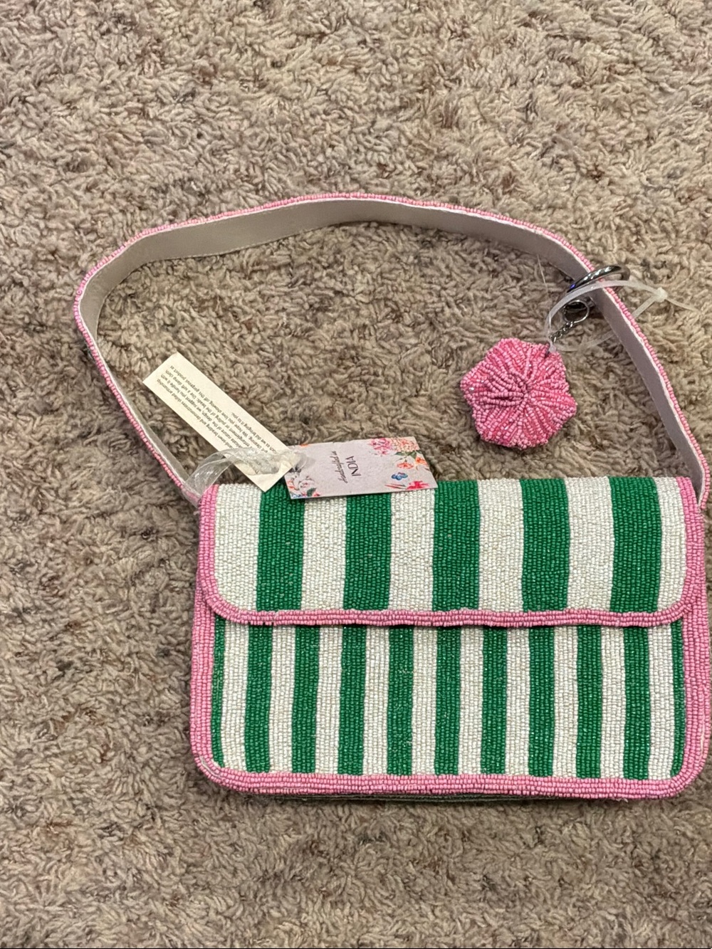 Green And White Beaded Purse With Charm